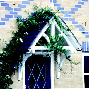An A frame 'Ashcombe' door canopy painted white with green foliage intertwined.